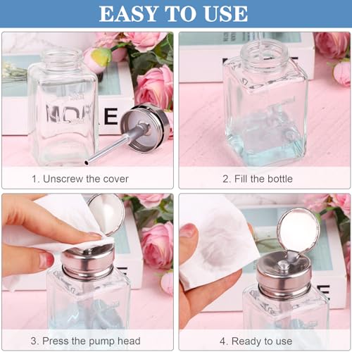 Asany 4 Pcs Clear Glass Bottle with Metal Flip Cover - 6 Oz/ 180 ml Push Down Pump Dispenser for Nail Polish and Makeup Remover4