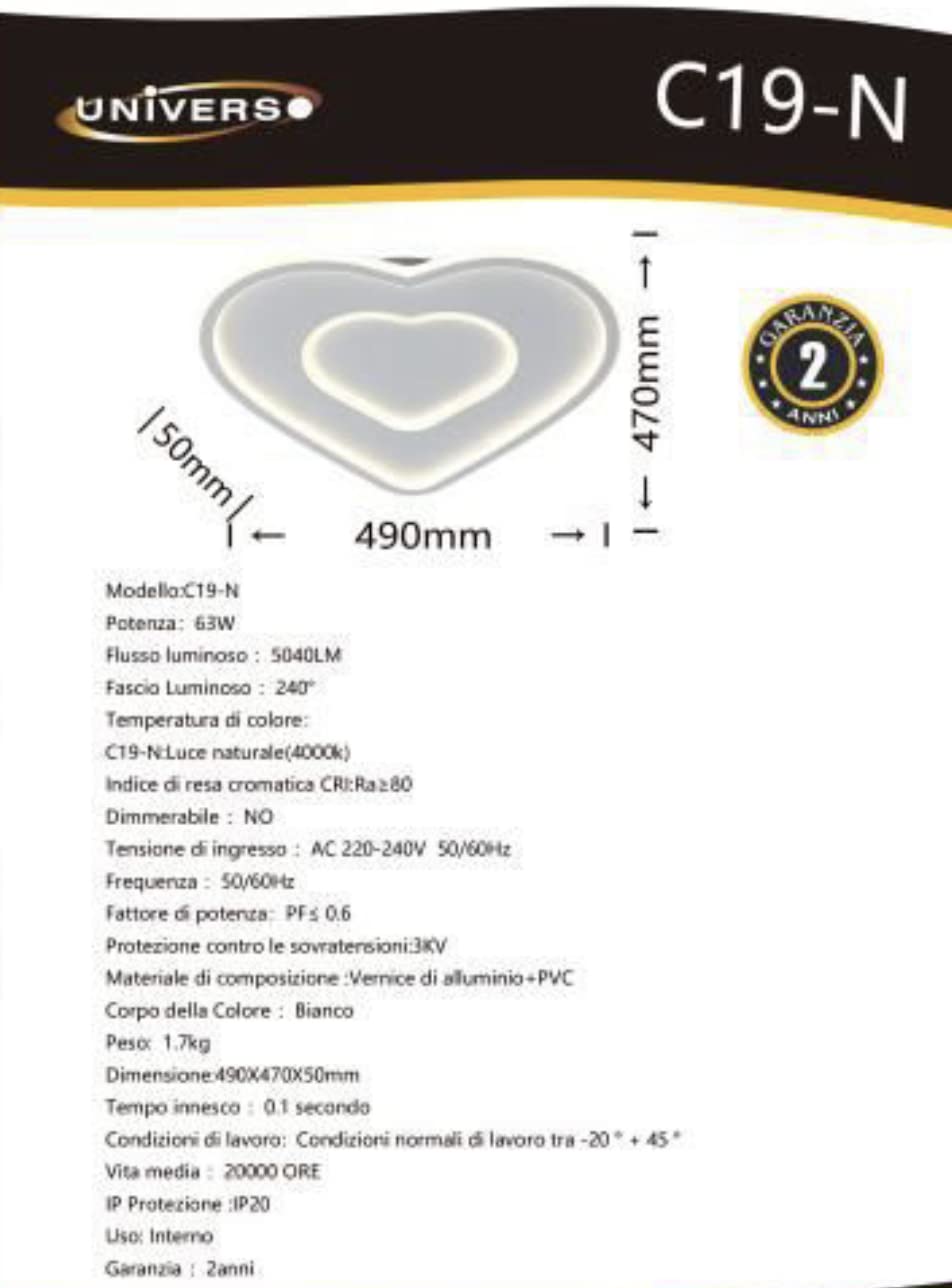 Partenopea Plafoniera Lampadario da soffitto a led con doppio cuore Design Stile Moderno Lampada per Camera Cucina Salotto Locali Commerciali (Cuore Luce Naturale 4000)