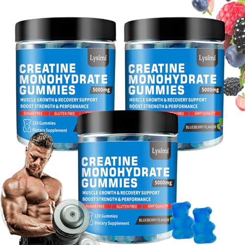Creatine Monohydrate Gummies - 5g of Creatine Monohydrate per Serving- Increase Strength and Build Muscle, Sugar Free, Vegan, Blueberry Flavor, Each bottle/120 capsules, for Men & Women (3)