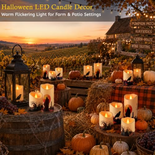 Image of Artmarry Halloween Flameless Candles 4 inch 5 inch 6 inch Set of 3 Outdoor Indoor | Pillars Battery Operated Flickering Candles with Cozy Climbing Flame Effect ,10-Key Remote Timer, Plastic LED Candles