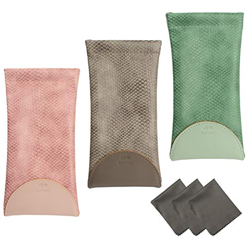 Vemiss 3 PACK Eyeglasses Pouch Squeeze Top Sunglasses Case with 3 Sets Cleaning Cloth (Pink Gray Green)