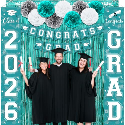 Image of Graduation Party Decorations Class of 2026, Graduation Decorations with Congrats Grad Banner Fringe Foil Curtain Paper Flower Ball Balloons for High School College Graduation Party Supplies, Teal