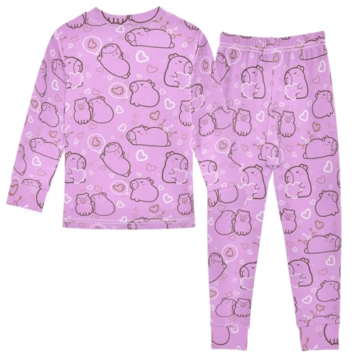 Cute Capybara with Hearts Purple Cute Pajama Sets Long Sleeve Top and Pants, Snug Fit Sleepwear for Night Wears2