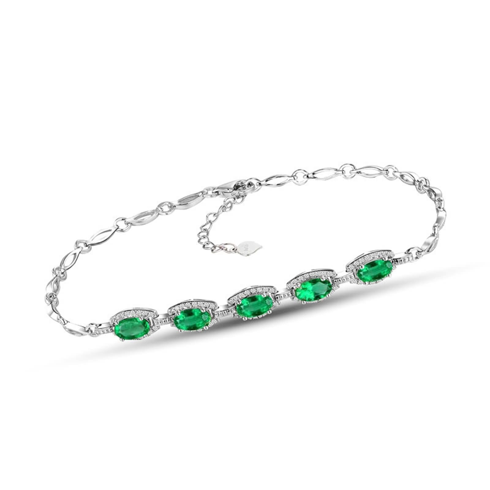 Pulseras de Mujer de Oro Blanco 9 Kilates / 14 Kilates / 18 Kilates, Oval con Esmeralda de 2,17 ct y Diamante de 0,24 ct, Cadena Extensible 16 CM + 5 CM, Pulsera Mujer Ajustable Plata Verde