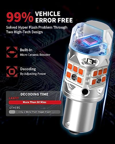 Image of LASFIT T3 1156 LED Bulb Amber Turn Signal Built In Resistor 7506 CANBUS Ready Error Free New 500% Bright Blinker 4000LM Light 1156A P21W 1141 1003 BA15S Front Rear Anti Flicker Hyper Flash (2pcs)