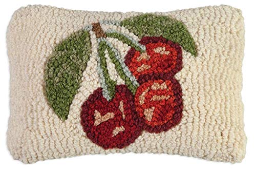 Artist-Designed Cherries Hand-Hooked Wool Decorative Petite Throw Pillow (8” x 12”) Farm & Garden Pillow for Couches & Beds - Easy Care Low Maintenance Fruit-Bearing Tree Pillow
