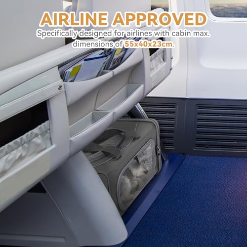 Petsfit Hundetasche Flugzeug 55x40x23 & Flugtasche Hund | Transportbox Katze | Transporttasche Hund Katzen | Sicherer Transport in Auto, Flugzeug und Bahn,mit 2 Platzierung-Methode, L//Grau