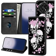 for OnePlus 13 5G Wallet Case - RFID Blocking,Shockproof TPU Interior,PU Leather Flip Cover with Magnetic Closure,Card Slots,Durable Protective Case,Skull Cherry Blossoms