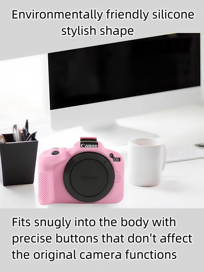 Etui EOS R50, miękkie silikonowe etui ochronne do aparatu Canon EOS R50 EOSR50, do vlogowania, w zestawie 2 ochraniacze ekranu i 1 pasek na nadgarstek, akcesoria do EOS R50, różowe