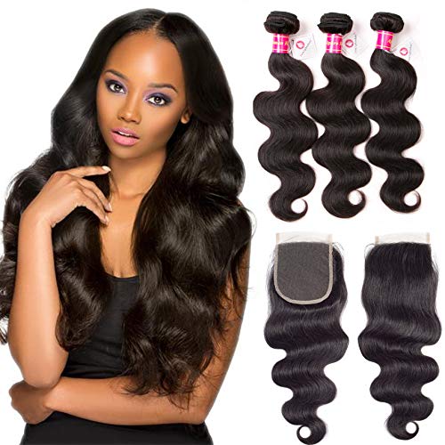 Aphro Hair Body Wave Bundles With Closure Brazilian Hair Bundles With Closure 3 Bundles with 4x4 Lace Closure 100% Unprocessed Virgin Human Hair Bundles With Closure Natural Color (18 20 22 + 16)