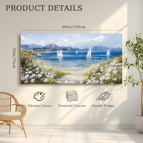 crmotu Beach Wall Art, Coastal Wall Art, Large Wall Decor, Wildflower Art Landscape Painting, Seaside Sailboat Canvas Pictures for Living Room Bedroom Dining Room Office Art Prints 30x60inch