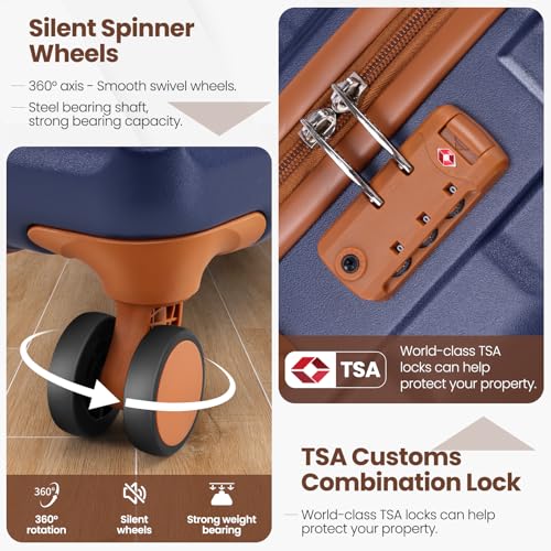 Hoteel 3 Piece Carry on Luggage Sets with Spinner Wheels, ABS Hard Shell Suitcase with TSA Locks, 20 Inch Lightweight Luggages for Travel, Dark Blue(BP/TB/20)3