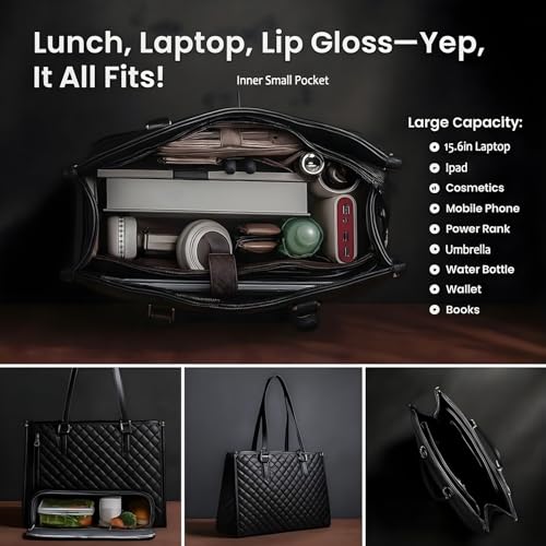 Image of Glamify Tote Bag for Women, Stylish Ladies Tote Bag 2-in-1 with Lunch Compartment & Purse Combo | Leak-Proof Laptop Handbag for Office, College, Travel & Daily Use (Black) | Polyester+Peva, Lining Material, Insulated, Water Resistant, Multifunction, 3 in 1 Use