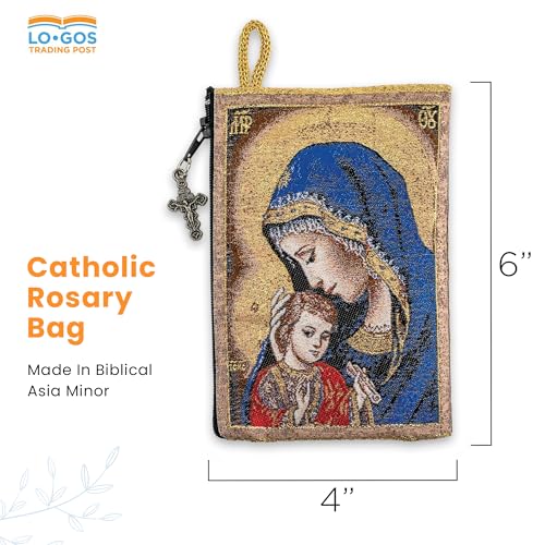 Image of Catholic Rosary Pouch, 4 inch x 6 inch Jewelry & Coin Purse with Cross, Small Woven Tapestry Icon Bag, Bolsa de Rosario Catolico para Joyeria, Madonna and Child & IC XC Cross - Red, 4 inch x 6 inch