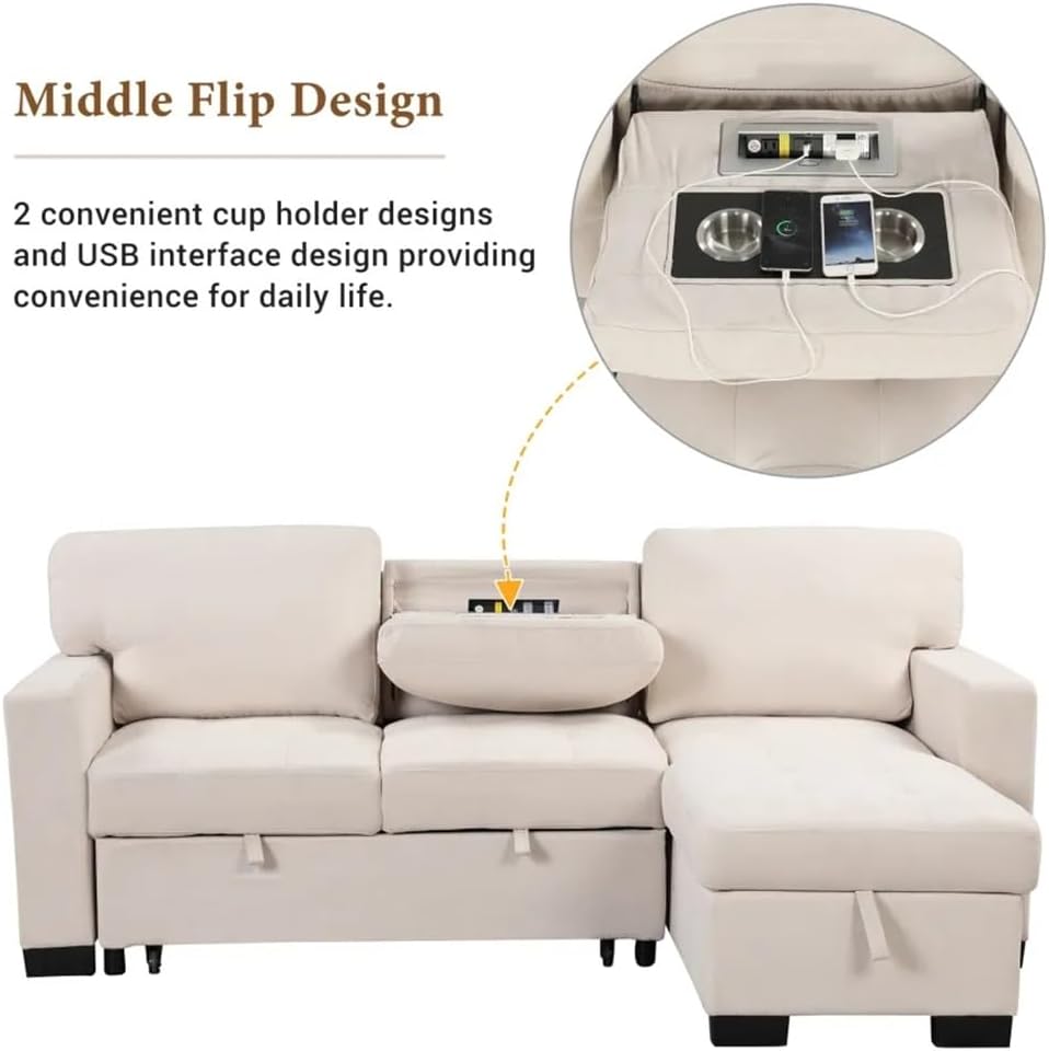 Functional Light Chaise Sofa with Storage Rack Pull-Out Bed Drop Down Table and Charger,for Living Rroom