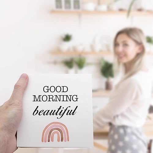 Miniatura 6 de Decoración de escritorio con texto en inglés Good Morning Beautiful Boho Rainbow, letrero de madera inspirador para el hogar, dormitorio, sala de