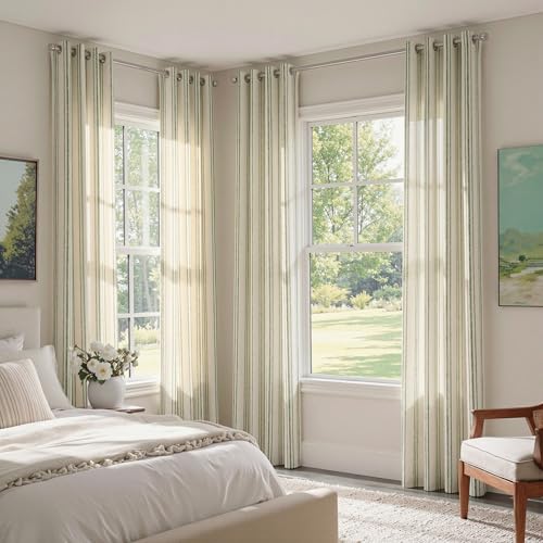 Image of MYSKY HOME Green Striped Patterned Curtains 63 Inches Long Ticking Stripe Pinstripe Farmhouse Linen Blend Curtains for Bedroom Light Filtering Window Drapes, Grommet, 2 Panels, 52 inch Wide