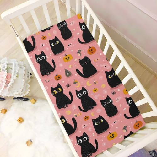 Image of Halloween Cute Cat Pinks Crib Sheets | Soft Breathable Fitted Baby Crib Sheets Mattress Cover for Girls Boys 52 inch x 28 inch x 9 inch