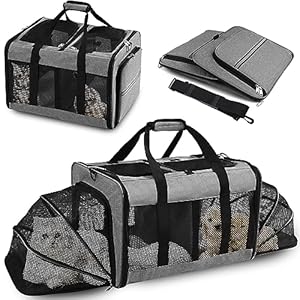 Portable 2-in-1 Pet Carrier,Double Compartment Cat & Dog Carrier for 2 Cats,Expandable Medium Dogs Large Cat Carrier with Sturdy Base,Breathable,Good for Traveling Walking Camping（Grey）