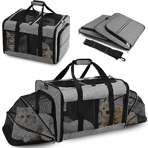 Portable 2-in-1 Pet Carrier,Double Compartment Cat & Dog Carrier for 2 Cats,Expandable Medium Dogs Large Cat Carrier with Sturdy Base,Breathable,Good for Traveling Walking Camping（Grey）