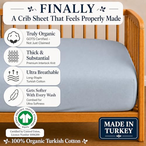 Image of GOTS Organic Cotton Crib Sheets, Aegean Heritage Turkish Cotton 200GSM, Quality at First Touch,1 Pack Toddler Bed Fitted Mattress Sheets for Boys, Girls Cute Breathable Soft (Ocean Blue)
