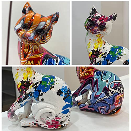 Cxyang Colorful Cat Statue,Creative Graffiti Art Multicolor Cat Figurine,Resin Indoor Home Decor Splash Color Animal Sculpture Ornament Kitten Figurine Modern Home Office Desktop Decoration (B) #TOP4