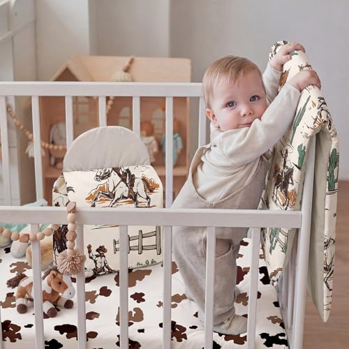 Image of Oudain 4 Piece Western Cowboy Crib Bedding Set, Including Western Cowboy Crib Skirt, Blanket, Nursery Bed Sheet and Diaper Stacker, Soft Neutral Nursery Standard Size Baby Bedding for Baby Girls Boys