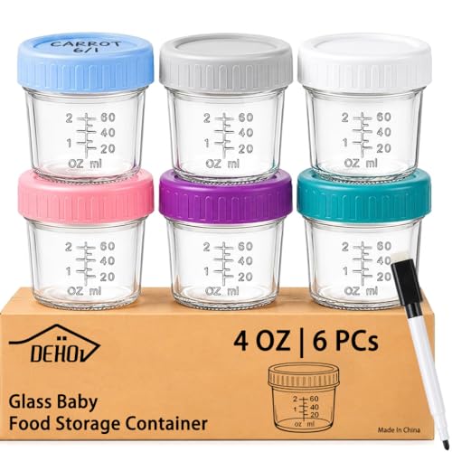 DEHOV 6-Piece Glass Baby Food Containers with Lids 4 OZ Small Glass Freezer Safe Baby Food Storage Jars Leak Proof Baby Food Grade Puree Containers