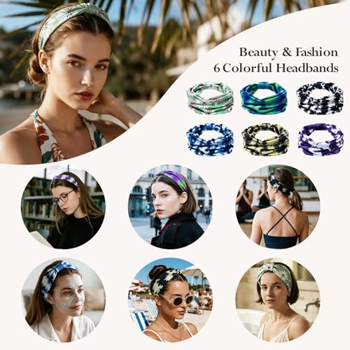 Image of HSEM Sports Headbands for Women - 6 Pack Stretchy Non-Slip Wide Hair Bands - Soft Thick Elastic Sweatbands for Workout, Washing Face, Makeup, Running, Spa & Daily Fashion 1 Green Floral 5 Mixed 2-10