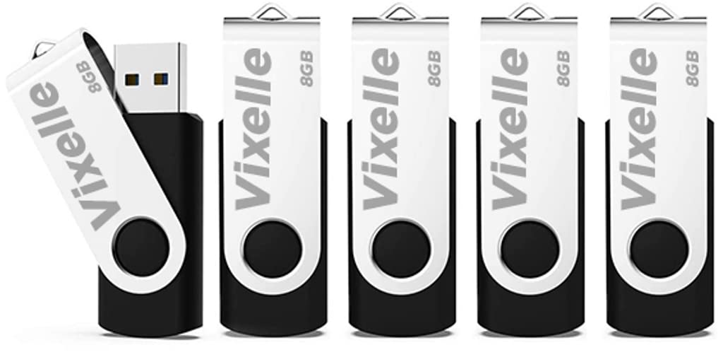 Vixelle 5 Pack 8GB High Speed USB 2.0 Flash Drives – 360° Swivel Metal Style USB Stick Pen Drive with Keychain Loop – 8GB USB Memory Sticks Bulk Pack for PC, Mac, TV, Car Audio – Black