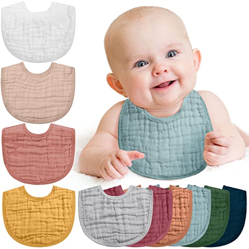 Image of Tatuo 10 Pieces Muslin Baby Bibs Cotton Burping Cloth Bulk Adjustable Newborn Bandana Drool Bibs for Baby Boy Girl(Bright Color)
