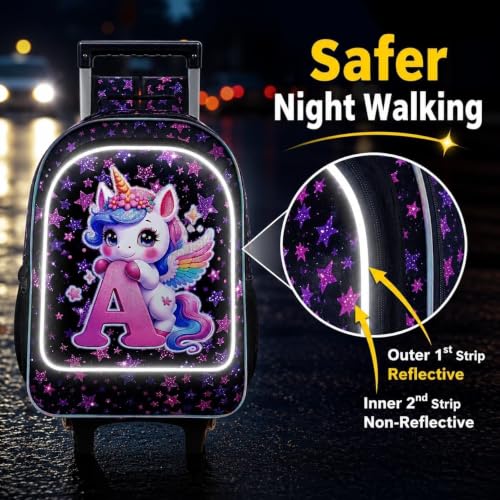 Image of CCJPX 18 inch Unicorn Rolling Backpack for Girls, 3Pcs Kids Wheeled Bookbag with Lunch Box, Lightweight Roller School Bag for Elementary Preschool (Black)