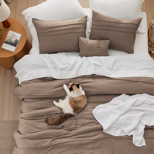 Image of Bedsure Brown King Size Comforter Set - 4 Pieces Pinch Pleat Bed Set, Down Alternative Bedding Sets for All Season, 1 Comforter, 2 Pillowcases, 1 Decorative Pillow