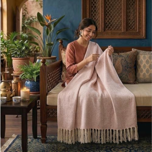 Image of SAJAVAT HOME Hand-Knitted Cotton Sofa Throw | Light Pink Tassel Design for 3 & 5 Seater Sofa & Bed | Soft Lightweight All-Season Throw Blanket (80x52 Inches)