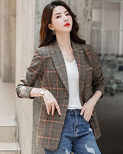 ebossy Women's Notch Lapel 2 Button Boyfriend Blazer Suit Houndstooth Plaid Jacket Coat (Large, Z-Khaki)