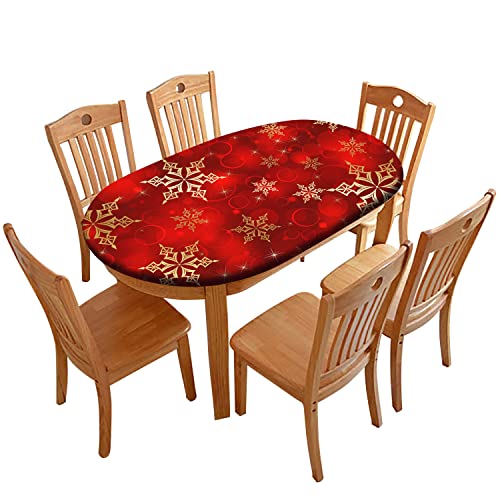 RenteriaDecor Red Christmas Oval Tablecloths, Golden Snowflake Print Elastic Fitted Table Cloth, Windproof Oblong Covers for Indoor Dinner and Outdoor Patio Decor, Fits Tables up to 48'' x 68''
