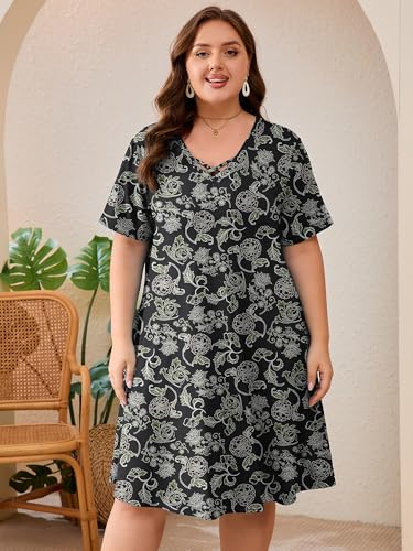 Image of AusLook Plus Size Midi Dress for Women Short Sleeve V Neck Criss Cross A Line Summer Casual Vacation Sundresses with Pockets