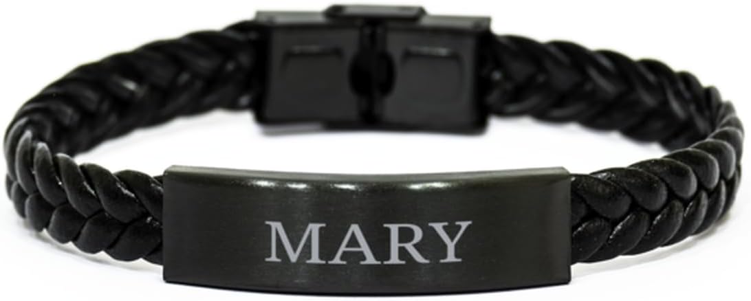 PARN'S Gifts For Mary - Trendy Custom Name ID Plate Bracelet Braided Leather Bracelet Christmas Birthday Gifts For Daughter Sister Mom Wife Granddaughter Aunt Friends Girls Women, Engraved Adjustable