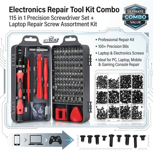 Image of COOLCOLD Electronics Repair Tool Kit Combo - 115 in 1 Precision Screwdriver Set + 500pc Laptop & Computer Screw Assortment Kit, Professional Repair Tools for Mobile, PC, Laptop, Tablet,Gaming Console