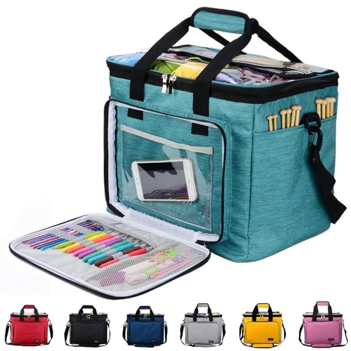 Hoshin Knitting Bag for Yarn Storage, High Capacity Yarn Totes Organizer with Inner Divider Portable for Carrying Project, Knitting Needles(up to 14”), Crochet Hooks, Skeins of Yarn (Green)