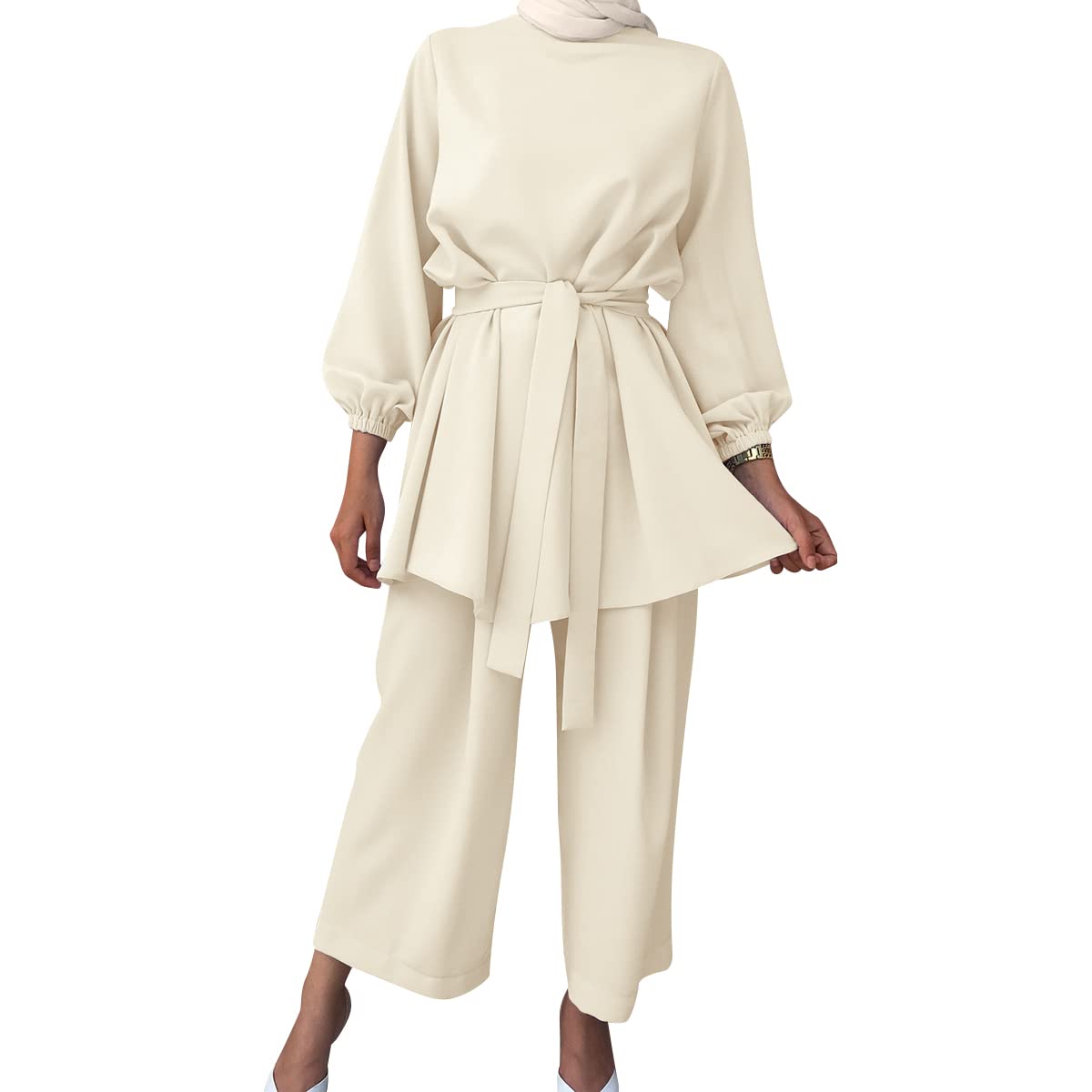 IMEKISWomen Muslim Outfit Middle East Arabic Long Sleeve Top with Wide Leg Pants Set Dubai Islamic Clothes Set