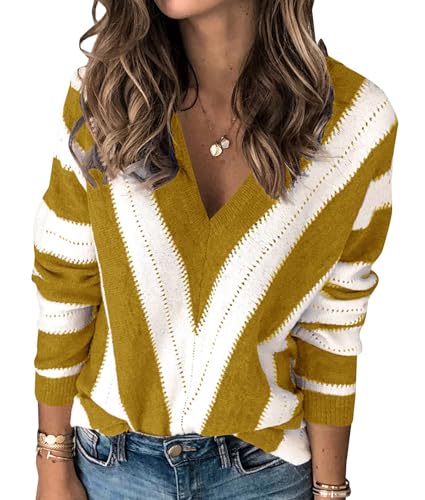 PRETTYGARDEN Sweaters for Women 2025 Long Sleeve Striped Knitted V Neck Pullover Jumper Tops Fall Outfits Fashion Clothing