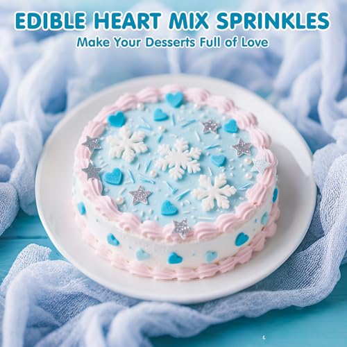 Image of Edible Winter Sprinkles for Cake Decorating,Frozen Blue Heart White Snowflake Silver Star Pearl Jimmies Mix,Confetti Sprinkles 130g /4.58oz,Snowflakes Sugar Pearls for Decorations Baking,Cake Ice Cream Cookies Cupcake Topper Chocolate,Birthday Holiday Children Party Sprinkle