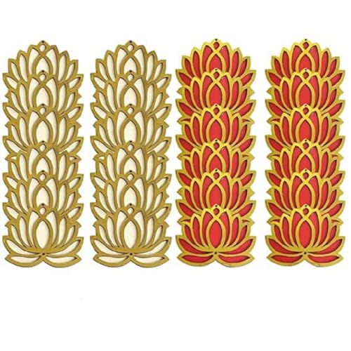 Image of Sanvatsar Home White Golden Lotus 4 Inch Set of 24 Wooden Cutout DIY Rangoli Kit | Decorations for Diwali, Dusshera Wedding Rangoli, Pooja, Decorations, Festival Gift (Red12Cream12)