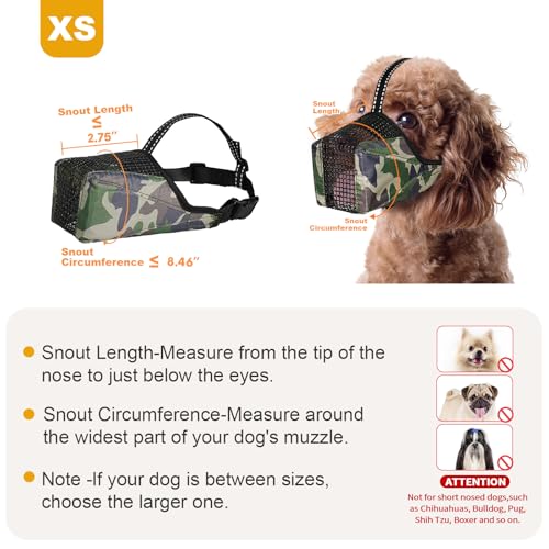 Image of Mesh Dog Muzzle, Breathable Soft Dog Muzzle with Reflective Straps for Secure Fit, Prevents Biting, Chewing Scavenging- Adjustable for Small Medium Large Dogs,Camo,XS