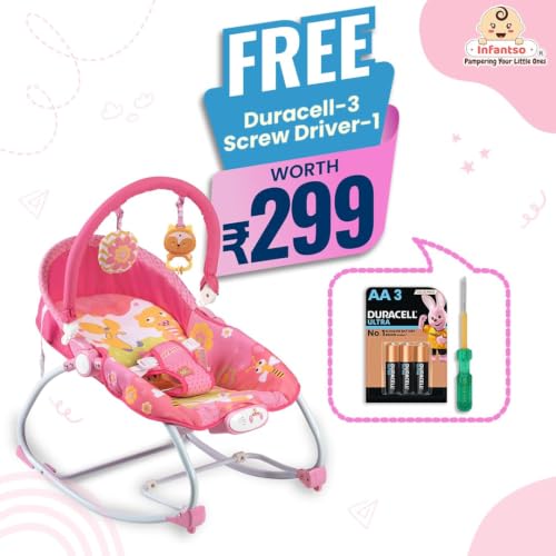 Image of INFANTSO Baby Rocker & Bouncer for 0 to 2 Years, Portable Chair for Newborn with Mosquito Net, Calming Vibrations, Soft Music & Hanging Toys, Adjustable Toddler Swing (Pink)