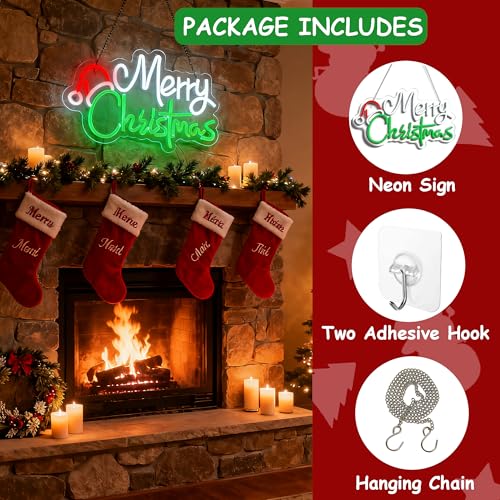 Image of Merry Christmas Home Decor Santa Hat Neon Sign Led Neon Christmas Lights Ornaments Tree Decorations Outdoor Neon Signs for Wall Decor USB Powered Led Neon Signs for Room Decoration