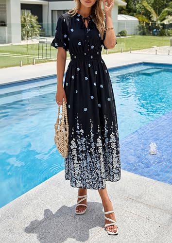 PRETTYGARDEN Women's Boho Floral Maxi Dress Summer 2026 Short Sleeve Tie V Neck Spring Wedding Guest Flowy Beach Sun Dresses (Black White Floral,XX-Large) — view 6