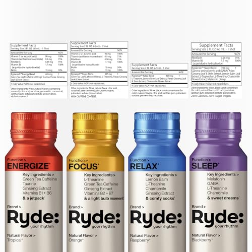 Image of Ryde Discovery Pack | Energize, Focus, Relax & Sleep Shots | Green Tea Caffeine, Ginseng, B Vitamins, L-Theanine, Lemon Balm, Chamomile, Melatonin | 0 Calories, 0 Sugar | Variety Pack (8 Pack)
