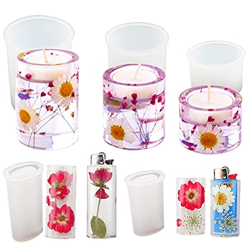 3Pcs Tealight Candle Holder Mold With J5/J3 Lighter Case Mold For Resin, 3 Size Pillar Tea Light Cylinder Resin Molds Silicone, Candlestick Epoxy Resin Molds For Resin Casting, Decor, Wedding, Party #TOP1